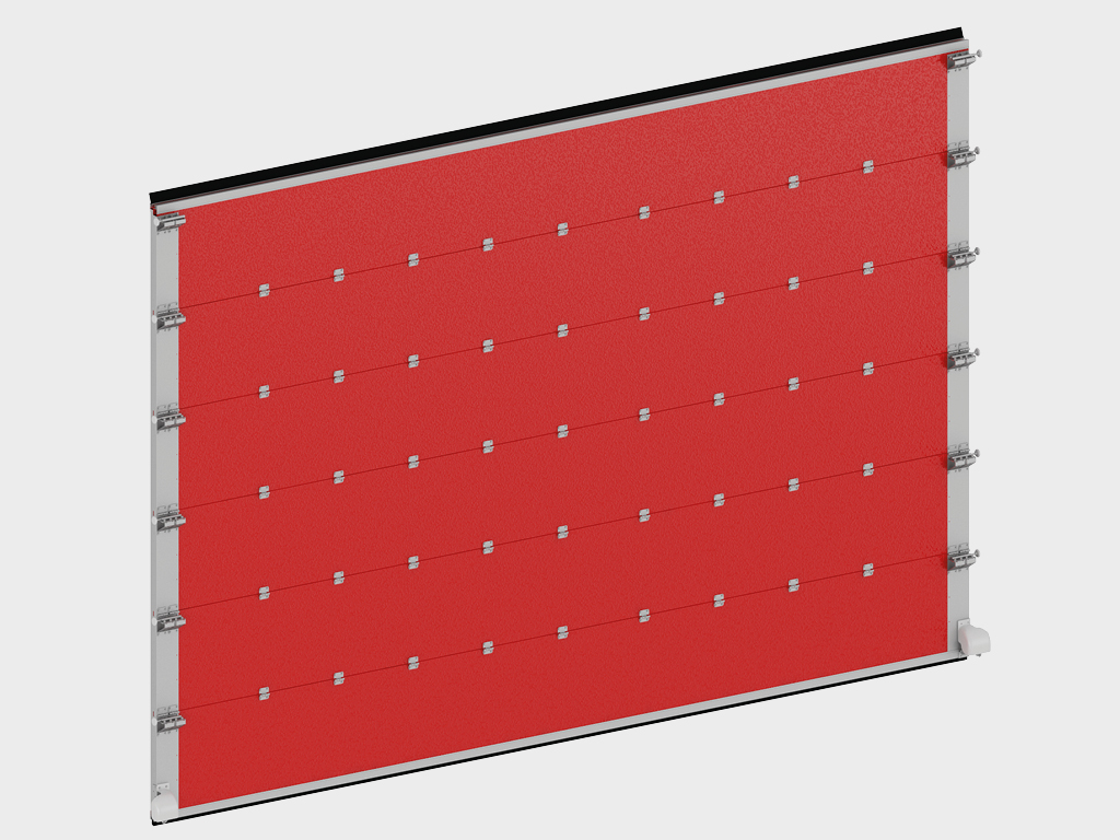 Щит ворот толщиной 60 мм из стальных сэндвич-панелей с минеральной ватой высокой плотности и усиливающими профилями.